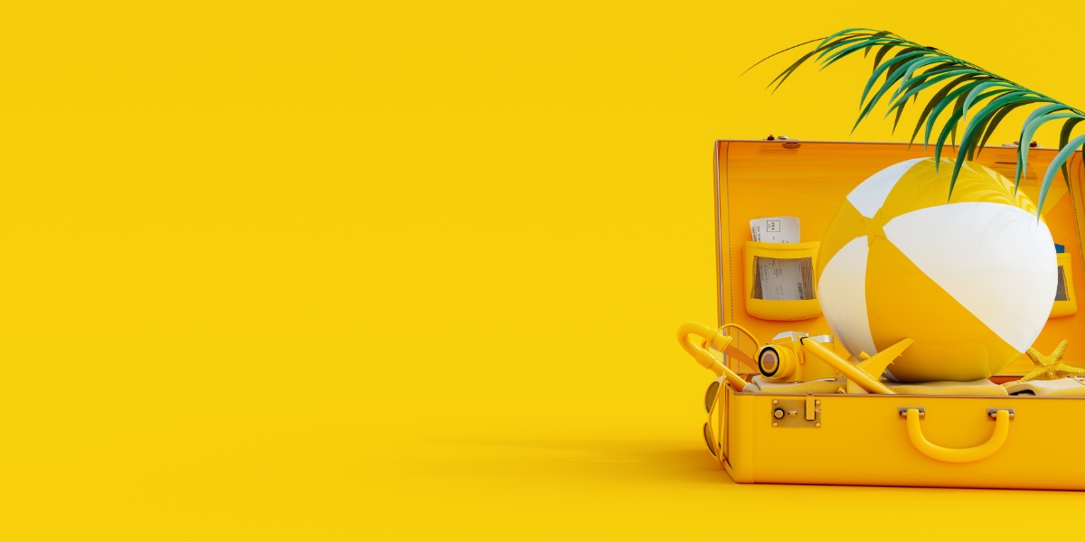 Suitcase with summer accessories on yellow background 3D Renderi